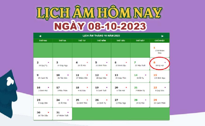 Lịch âm 8 10 Âm lịch hôm nay 8 10 2023 nhanh và chính xác